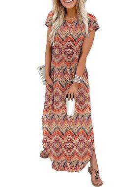Women's Floral Yellow Cap Sleeve Crewneck Casual Long Summer Pull On Maxi Dress